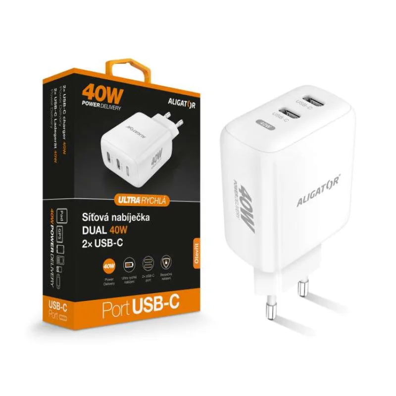 Múdra sieťová nabíjačka ALIGATOR Power Delivery 40W, 2xUSB-C, biela (CHPD0023)