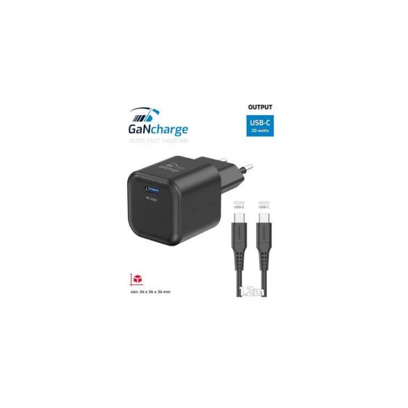 Swissten síťový adaptér gan 1x usb-c 20w power delivery černý + datový kabel usb-c/usb-c 1,2 m černý (22070130)
