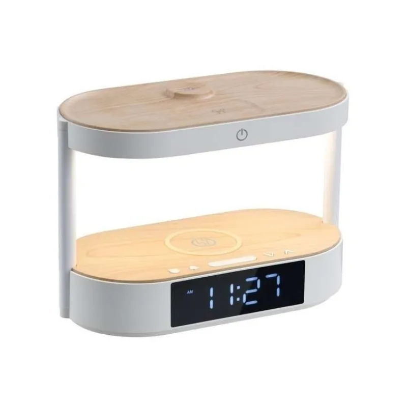 IMMAX LED budík TRIPLE DOCK/ 3v1 bezdrátové nabíjení/ 20W/ 9V/2,22A/ AC 220-230V/ 30lm/ USB-C/ bílý (světlé dřevo) (09111L)