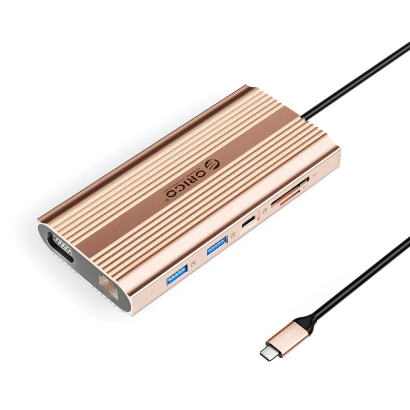 Orico XDR 12-v-1 USB-C dokovacia stanica USB-A USB-C HDMI 4K VGA RJ45 Gigabit PD 100W čítačka kariet SD a microSD – ružové zlato