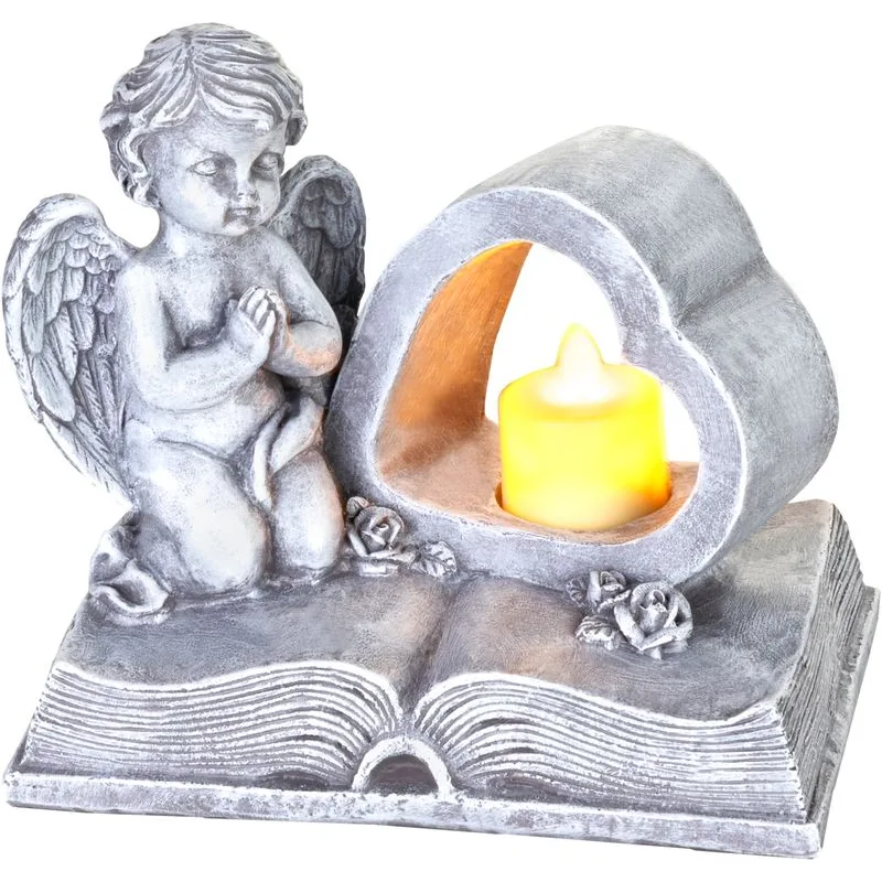 Dekorácia MagicHome, Anjel na knihe so srdcom, LED, polyresin, na hrob, 19x12,5x16,5 cm