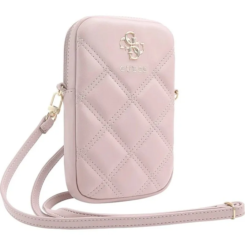 Guess PU Quilted 4G Metal Logo Taška na Telefón so zipsom ružová