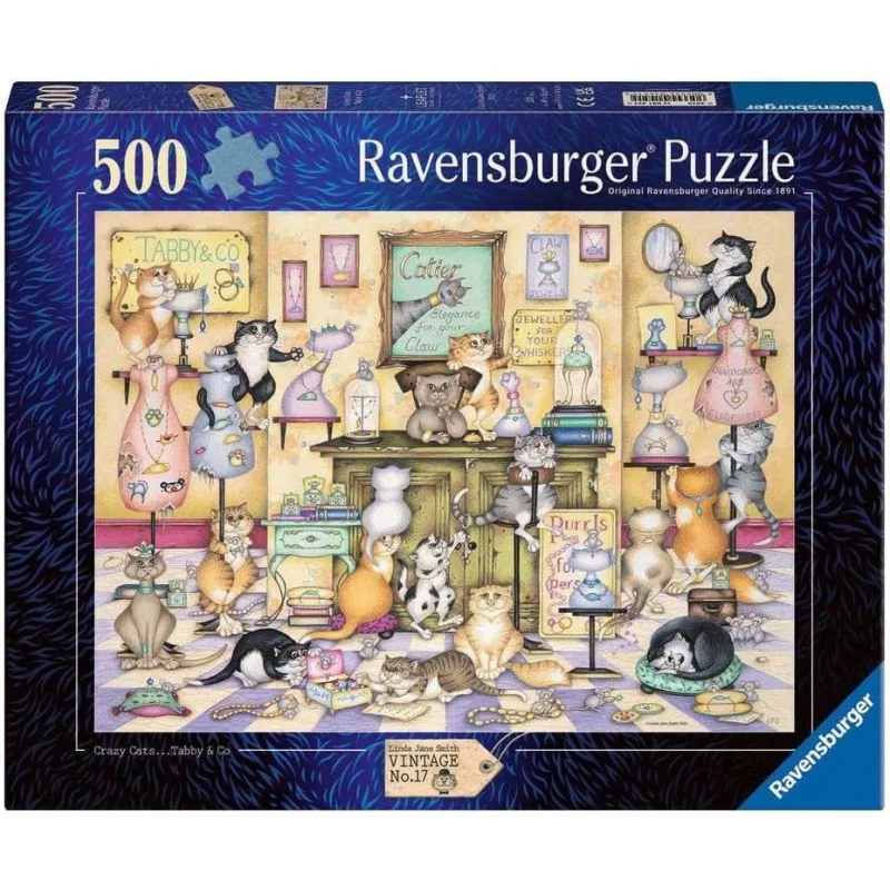Puzzle Ravensburger 500 dielikov Vintage č.17 - Crazy Cats: Tabby a spol.