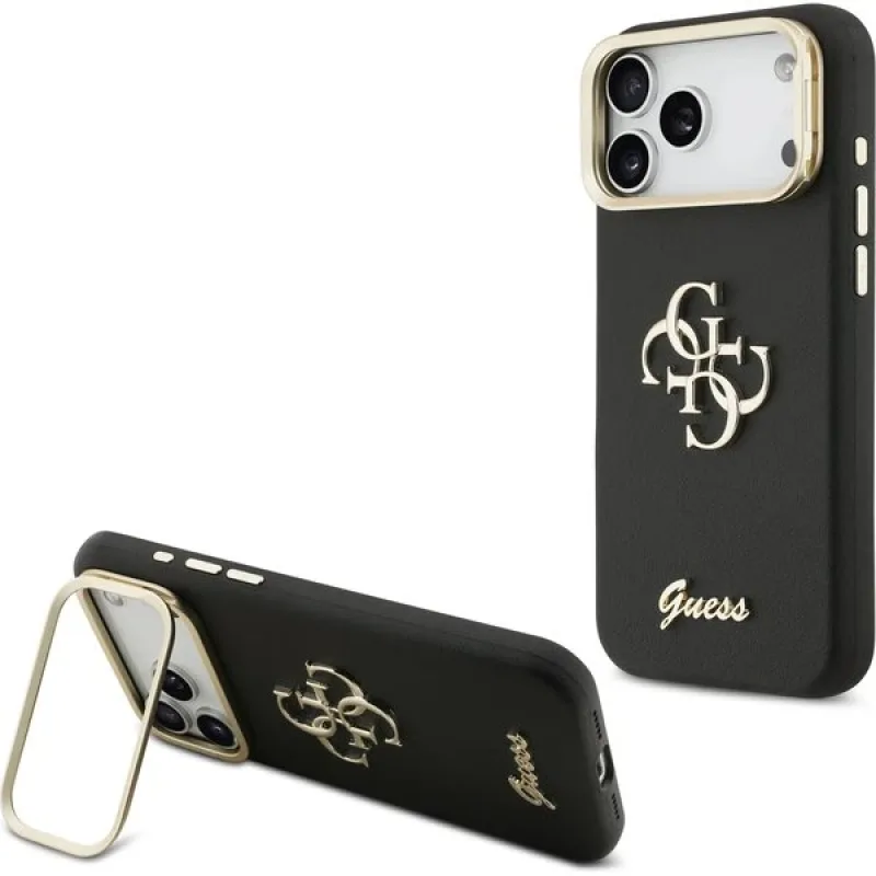 Guess PU Grained 4G Logo Stand Camera Frame kryt iPhone 17 Pro Max čierny