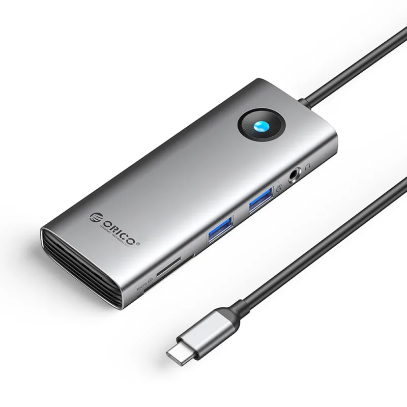Orico PW11 8v1 USB-C dokovacia stanica 2x USB-A 3.0 1x USB-C PD 100W 1x HDMI 4K 60Hz 1x microSD/SD 1x RJ45 Gigabit Ethernet 1x Audio 3,5 mm - šedá