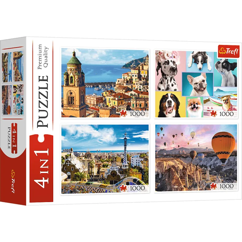 Sada 4 puzzle Trefl 4x1000 dielikov Amalfi, Psy, Barcelona, Balóny