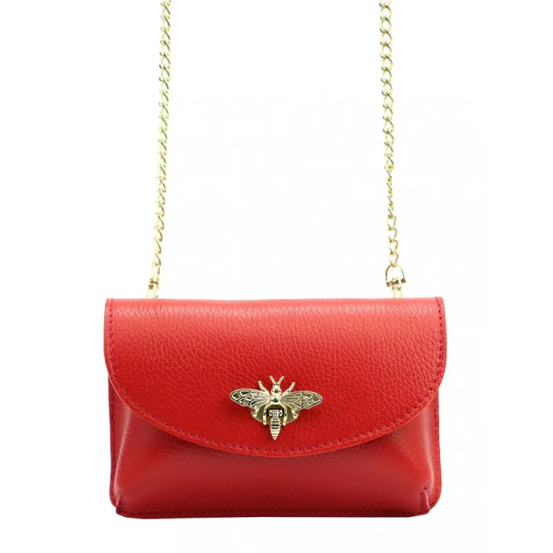 Luka Kožená malá dámska crossbody kabelka na retiazke červená