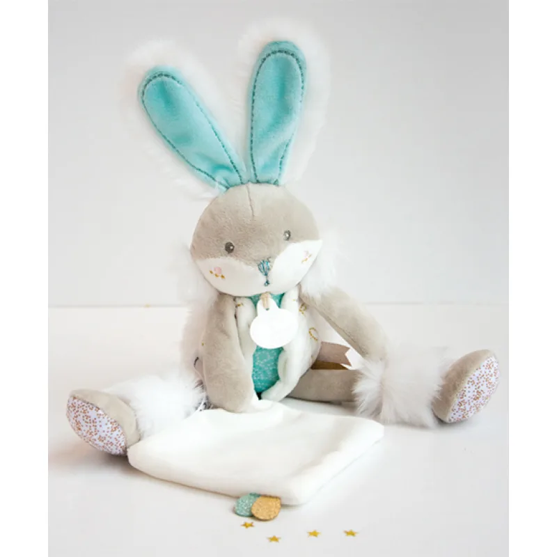 Doudou et Compagnie Paris Doudou Darčeková sada - plyšový zajačik s dečkou 31 cm tyrkysový