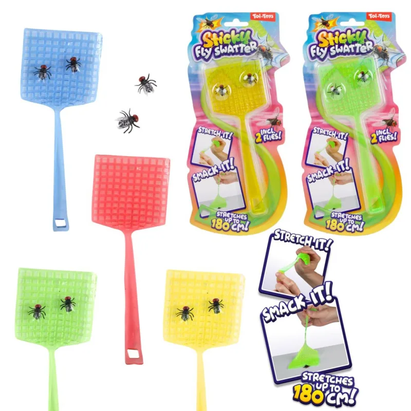Teddies Plácačka na muchy 18cm naťahovacia lepkavá + muchy 2ks 4 farby na karte 12x26,5x1cm