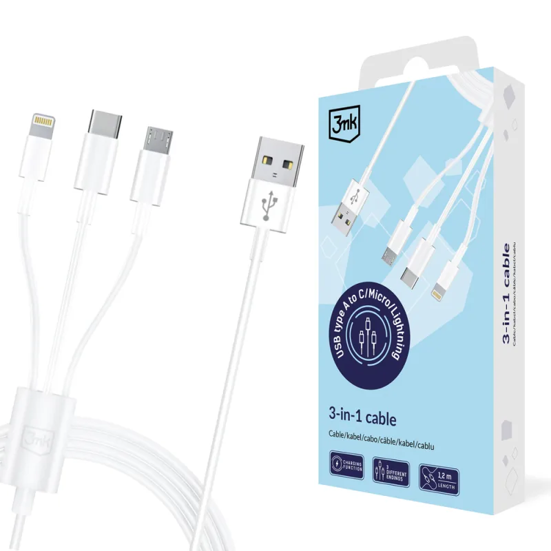 3mk kábel 3v1 USB-A - micro USB / Lightning / USB-C 1.2m 20V/2.4A 15W - biely