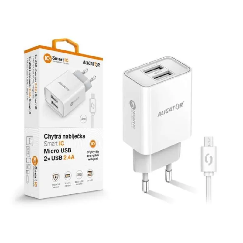 Múdra sieťová nabíjačka ALIGATOR 2,4A, 2xUSB, smart IC, biela, micro USB kábel (CHA0041)