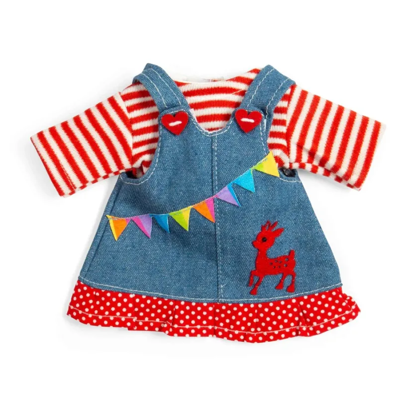 Bigjigs Toys Bigjigs Toys Džínsové šaty s trakmi a pruhovaným tričkom pre bábiku 28 cm