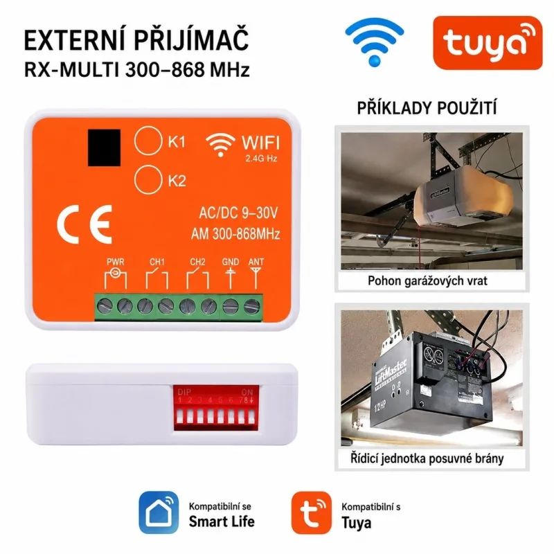 Univerzální 2-kanálový WiFi/RF přijímač 300–868 MHz pro vrata a brány, Tuya/SmartLife se631