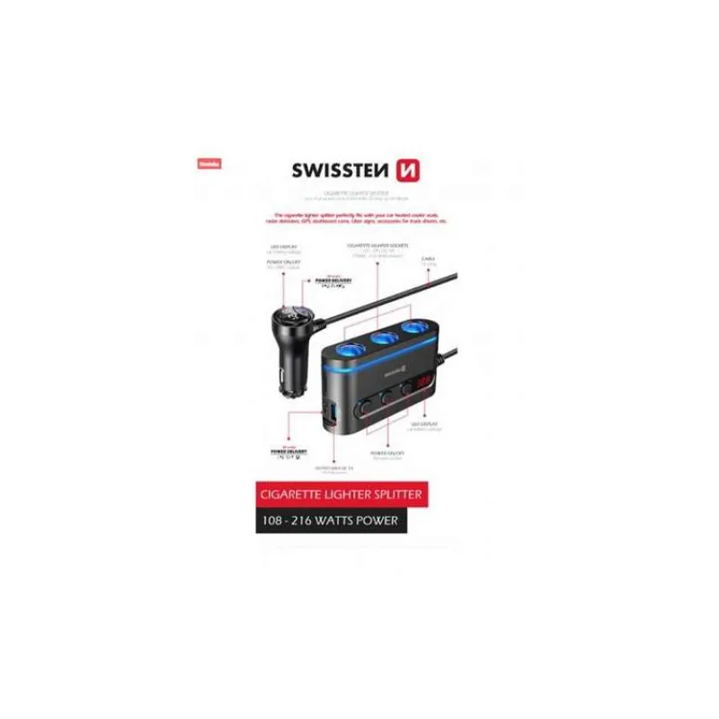 Swissten autoadaptér s výstupem 3x cl, 2x ucb-c pd a 1x usb-a qa 3.0, 108w - 216w (20114010)