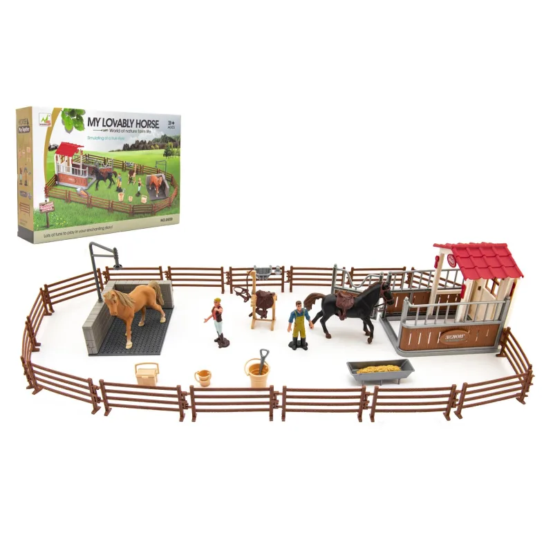 Teddies Výbeh/Ohrada pre kone + ošetrovateľ + kôň 2ks plast s príslušenstvom v krabici 39x27x8,5cm