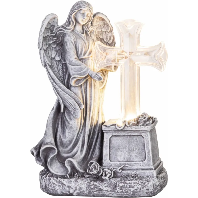 Dekorácia MagicHome, Anjel s krížom, LED, polyresin, na hrob, solar, 16x10x23 cm