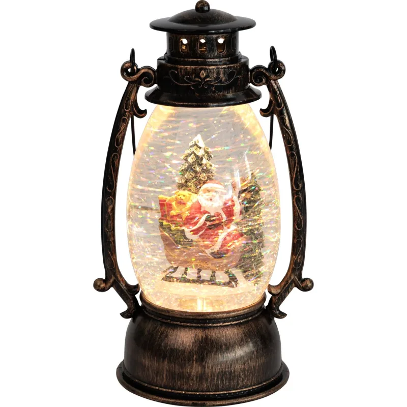 Vianočný lampáš Retro, LED, so Santom, s trblietkami, čierny, 24/35 cm