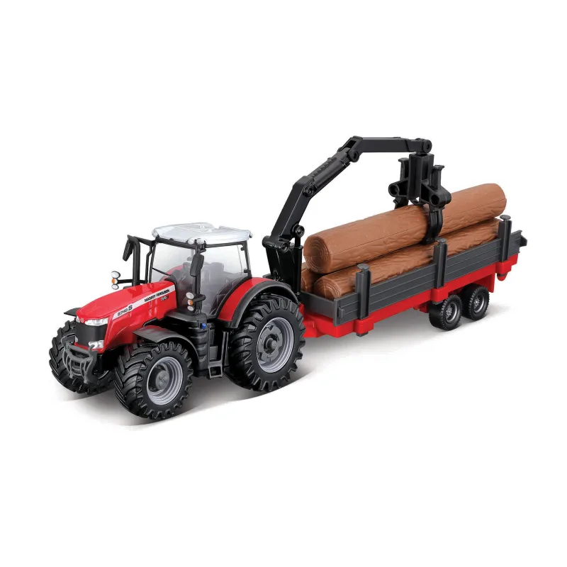 Bburago - FARMLAND, Massey Ferguson 8740S s nakladačom a prívesom na drevo, 10 cm