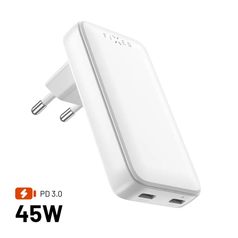 GaN nabíječka FIXED Slim, 45W, PD2.0, 2xUSB -C FIXCG45S-2C-WH