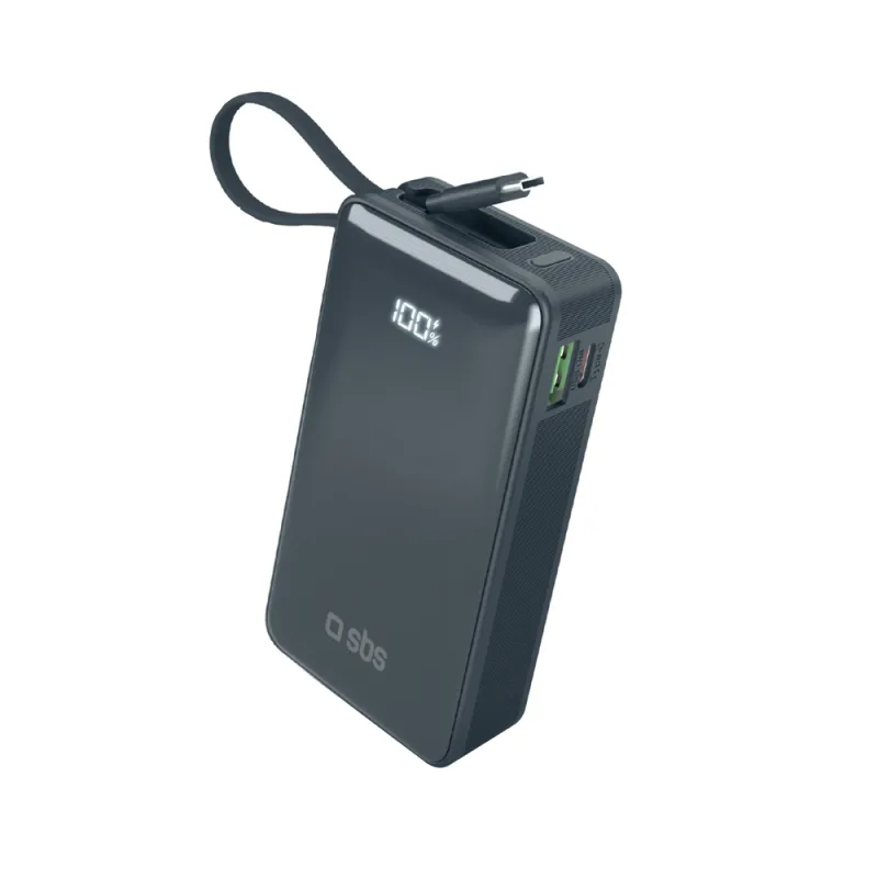 Powerbanka SBS 10000 mAh 20W so vstavaným káblom USB-C a digitálnym displejom - tmavo šedá