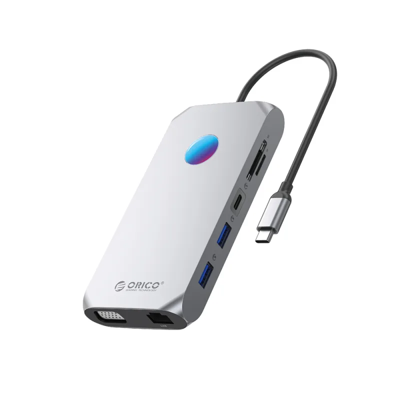Orico XCR 12v1 RGB USB-C dokovacia stanica 3x USB-A 3.1 1x USB-A 2.0 1x USB-C PD 100 W 1x USB-C 3.1 1x HDMI 1.4 4K 30 Hz 1x VGA 1080p 1x Gimi microSD/