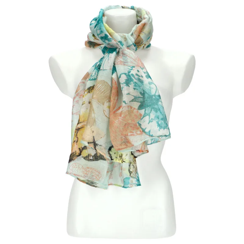 Cashmere Dámska letná farebná šatka v motíve motýľov 173x71 cm zelená