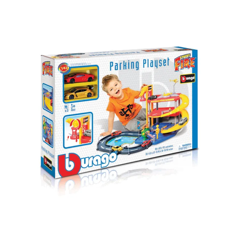 Bburago - STREET FIRE, Parkovacia herná sada – garáž s dvoma autíčkami, 1:43