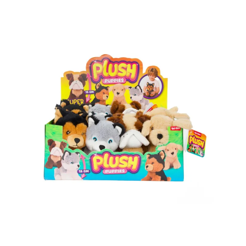 Teddies Pes/Šteniatko sediace plyšové 15cm 4 farby 12ks v boxe 2m+