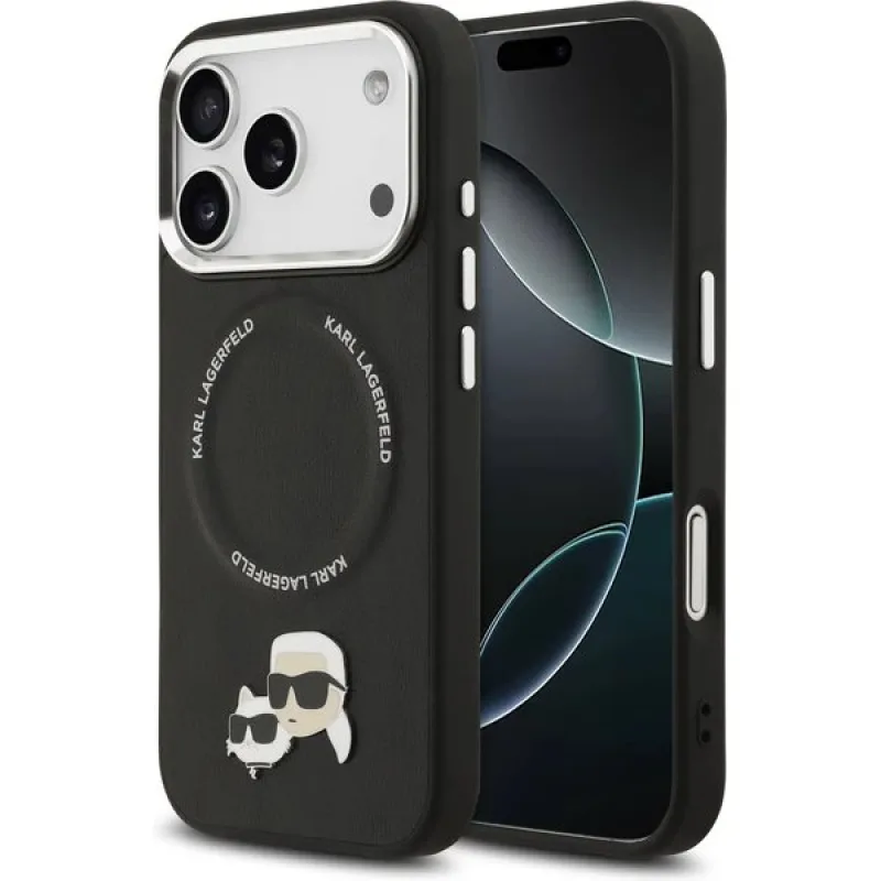 Karl Lagerfeld PU Karl and Choupette Heads Pins MagSafe kryt iPhone 17 Pro čierny