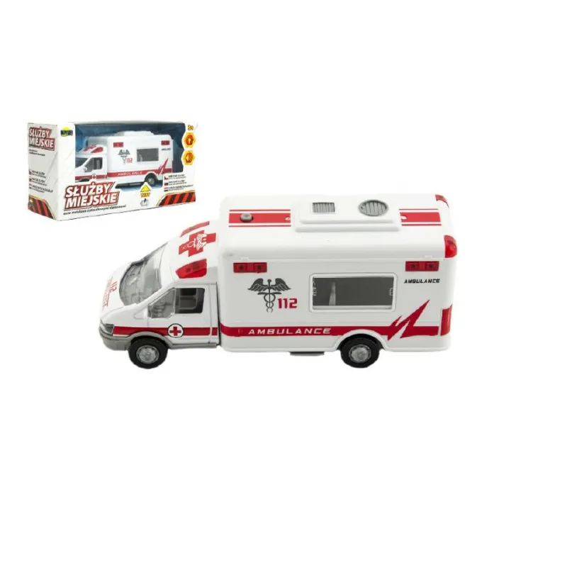 Dromader Auto ambulancie mestské služby plast 15cm na batérie so zvukom sa svetlom v krabici 19x10x7cm