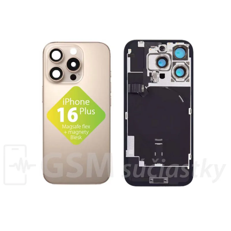 iPhone 16 Pro - Zadné sklo housingu + flex kábel Magsafe, blesk, Magnety, Zlaté