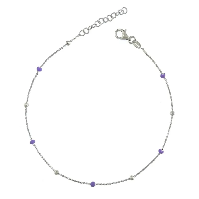Strieborná retiazka na nohu s fialovými guľôčkami