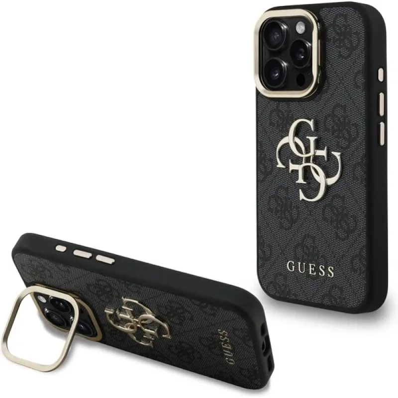 Guess PU 4G Metal Logo Stand Camera Frame kryt iPhone 16 Pro čierny