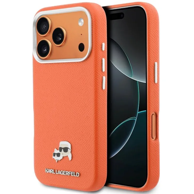 Karl Lagerfeld PU Karl and Choupette Heads Pins MagSafe kryt iPhone 17 Pro Max oranžový