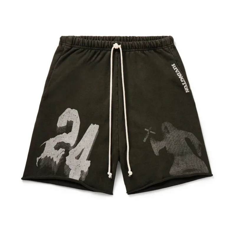 RRR123 Enemy Straight Leg Logo Print Cotton Jersey Drawstring Shorts Wahsed Black - XL