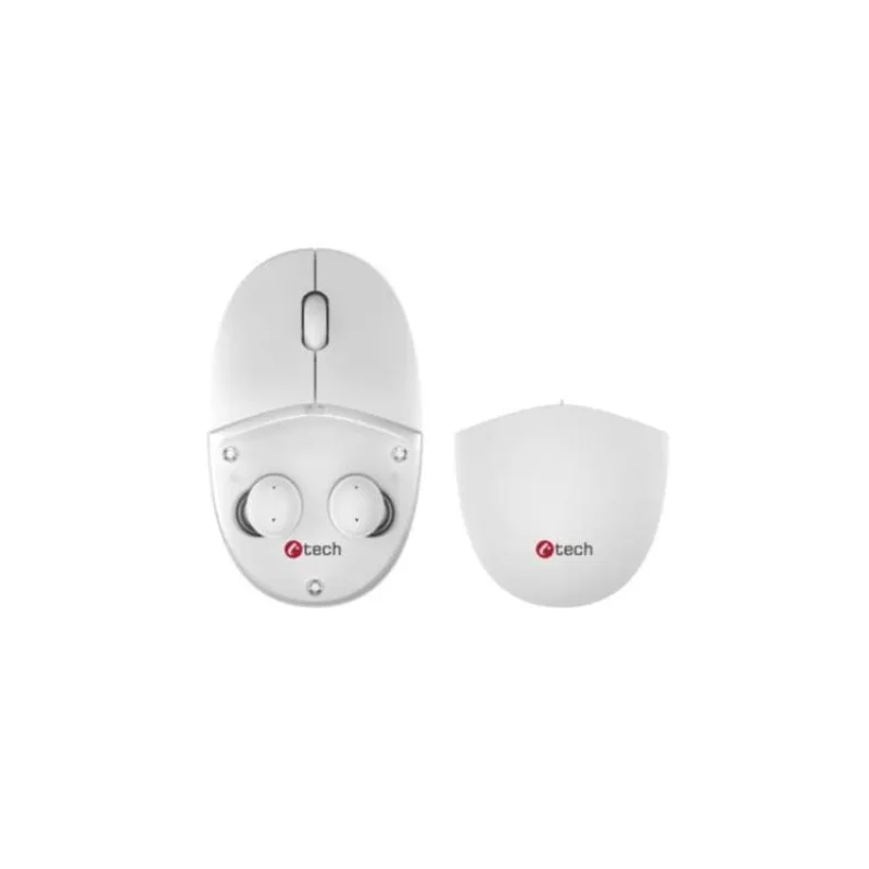 C-TECH Myš s TWS sluchátky WLM-21 Dual mode, bezdrátová, BT5.0 + 2,4GHz, 1600DPI, 3 tlačítka, USB nano receiver, bílá (WLM-21W)