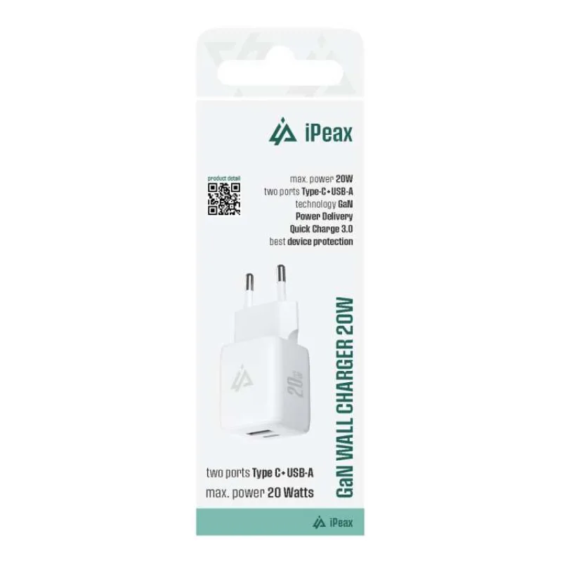 GaN SIEŤOVÁ NABÍJAČKA 20W (USB-C + USB-A) BIELA (90010129)