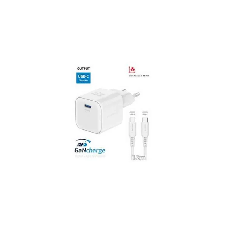 SWISSTEN SÍŤOVÝ ADAPTÉR GaN 1x USB-C 20W POWER DELIVERY BÍLÝ + DATOVÝ KABEL USB-C/USB-C 1,2 M BÍLÝ (22070120)