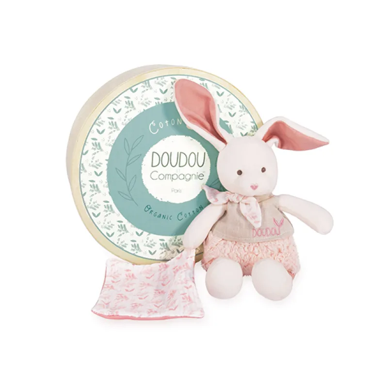Doudou et Compagnie Paris Doudou Darčeková sada - Plyšový Ecru králiček s ružovou dečkou z BIO bavlny 22 cm