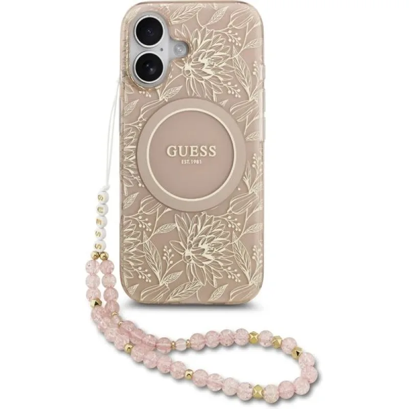 Guess IML Flowers Allover Strap MagSafe kryt iPhone 17 ružový