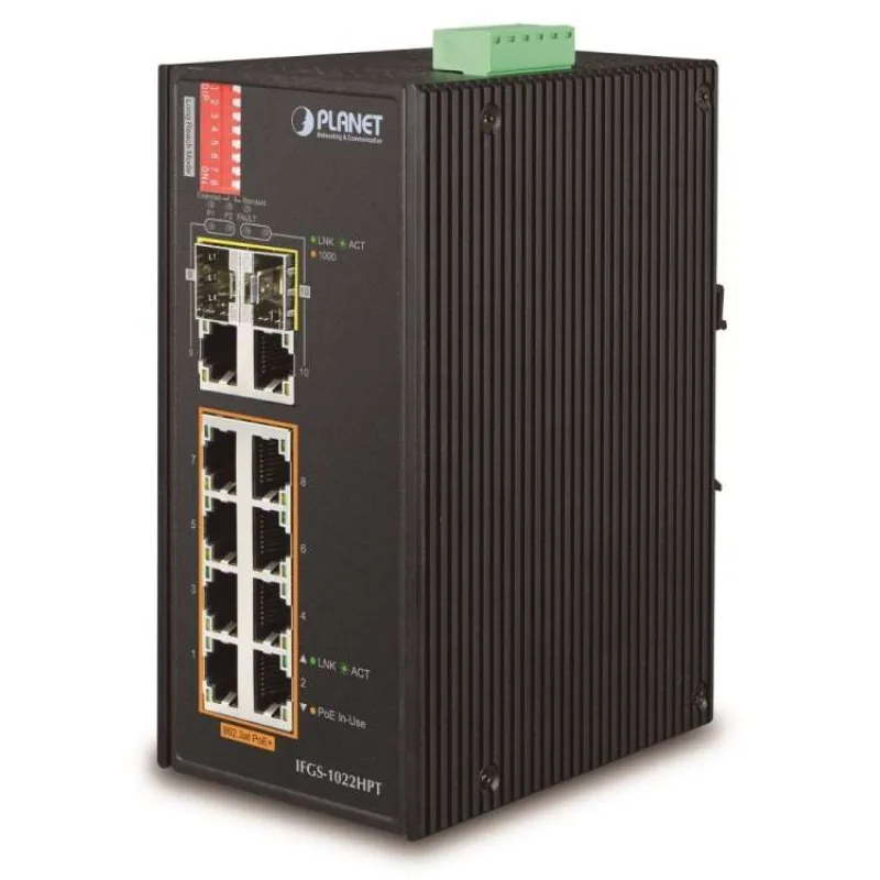 Planet IFGS-1022HPT průmyslový PoE switch, 8x100Mb + 2x1Gb/SFP, PoE 802.3at 30/240W, -40až75°C, dual 48-54VDC, IP30 (IFGS-1022HPT)