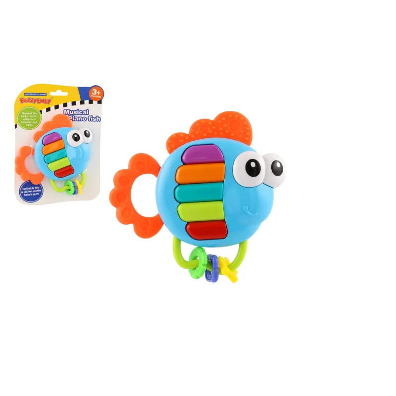 Teddies Hrkalka/hryzátko ryba piánko plast 14x14cm na batérie so zvukom, svetlom na karte 3m+