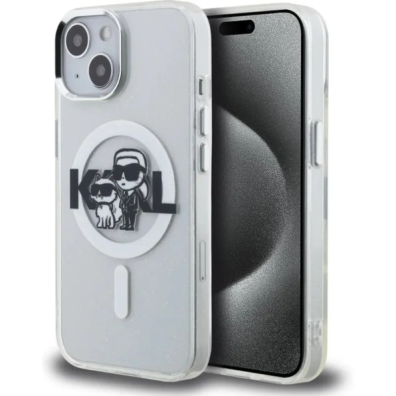 Karl Lagerfeld IML Glitter Karl and Choupette Sketch MagSafe kryt iPhone 15 priehľadný