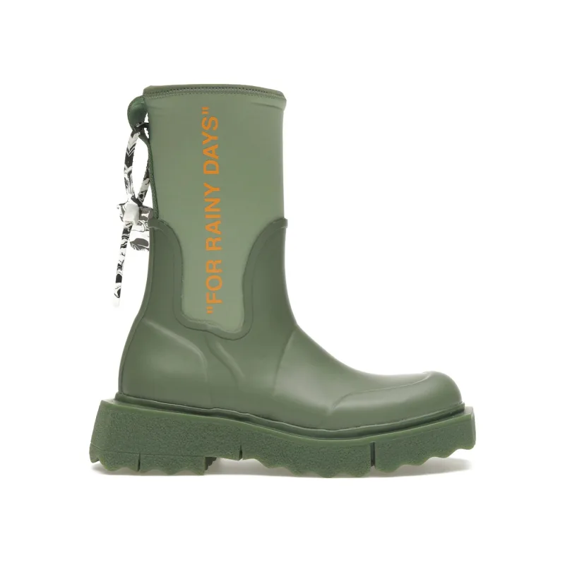 Off White Zip-tie Rubber Neoprene Rain Boots Green "For Rainy Days" (Women's) - 40
