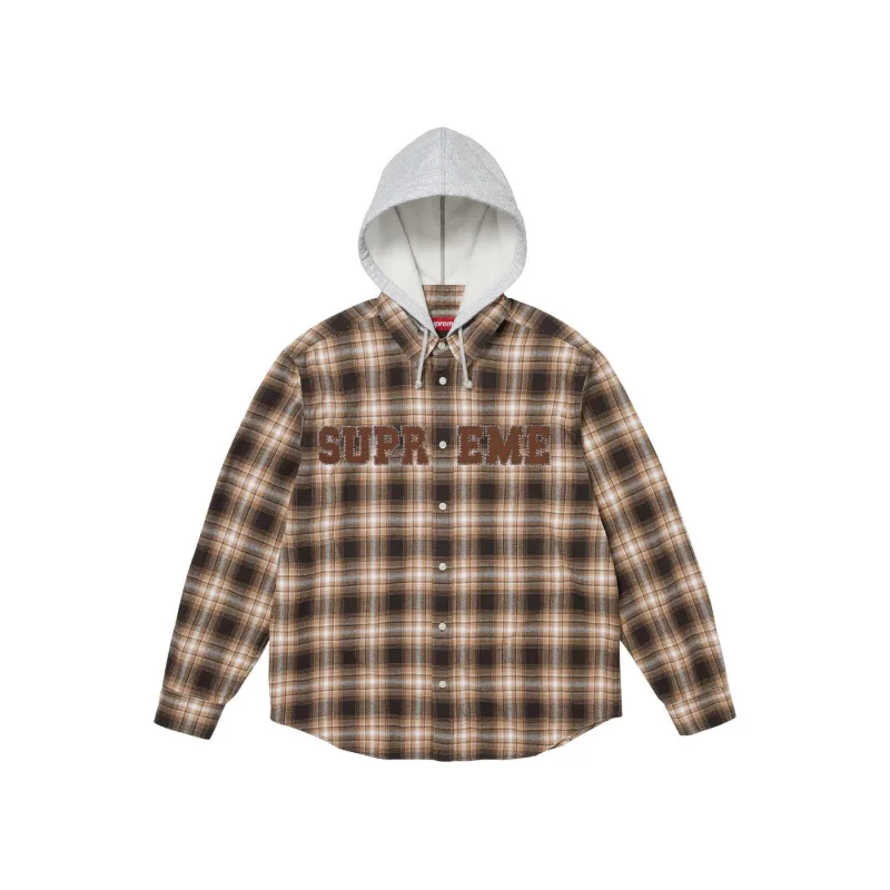 Supreme Appliqué Hooded Flannel Shirt Brown - L
