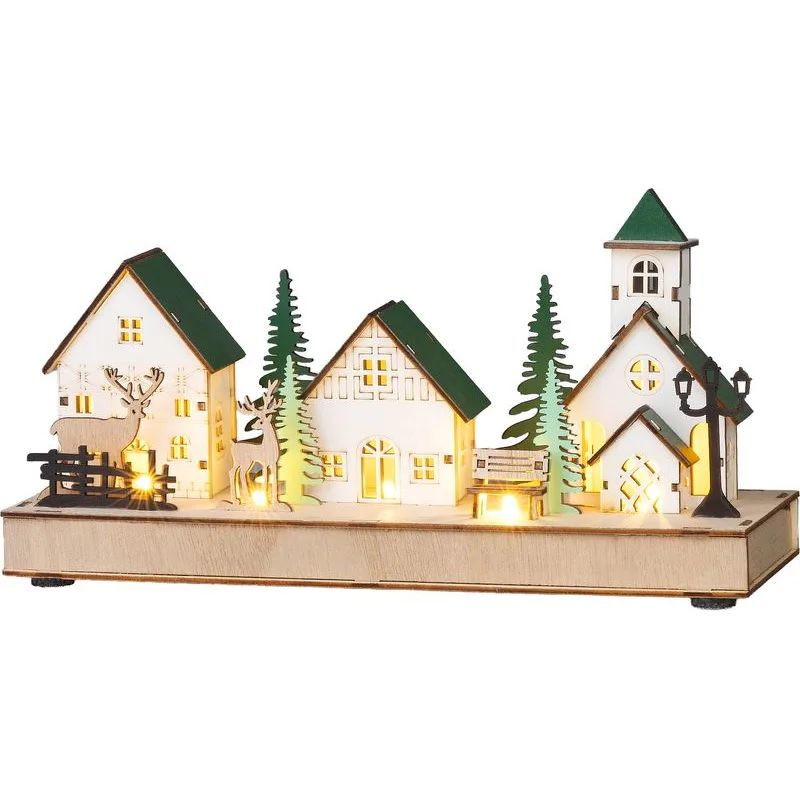 Dekorácia MagicHome Vianoce, Domčeky, 5xLED teplá biela, 2xAAA, IP20, 29x10x15 cm