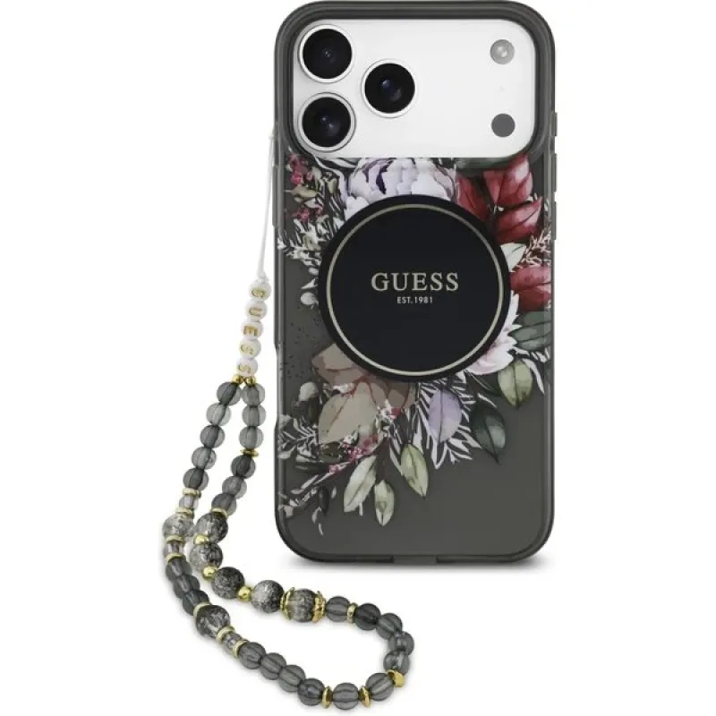 Guess IML Flowers Strap MagSafe kryt iPhone 17 Pro Max čierny 57983126986