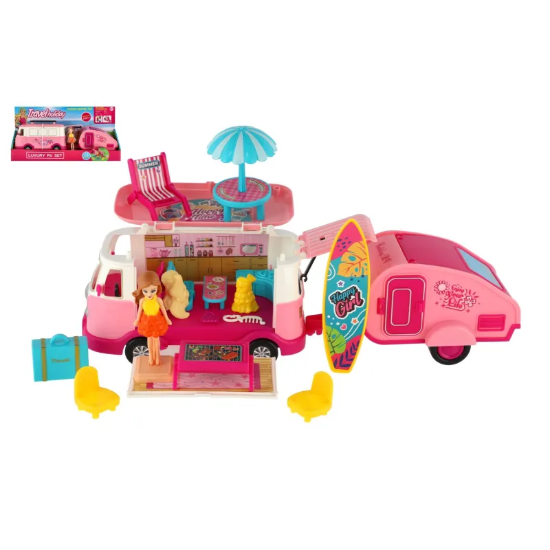 Teddies Auto obytné s vlekom retro s bábikou s doplnkami v krabici 39x19,5x11cm