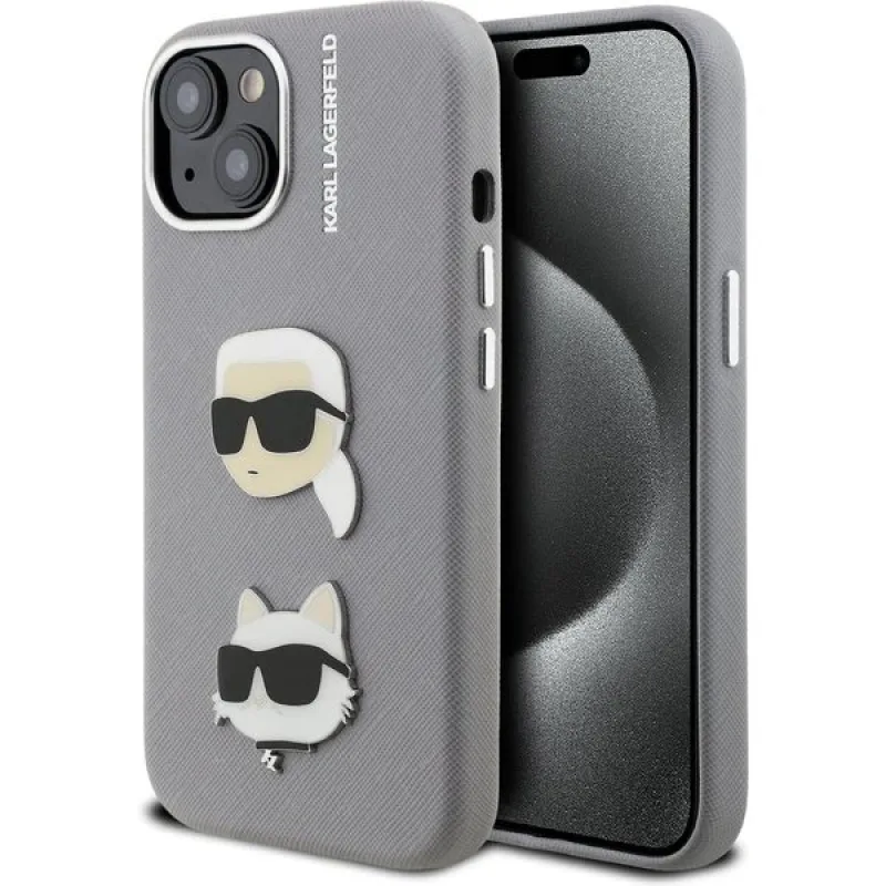 Karl Lagerfeld Grained PU K&CH Heads kryt iPhone 15 šedý