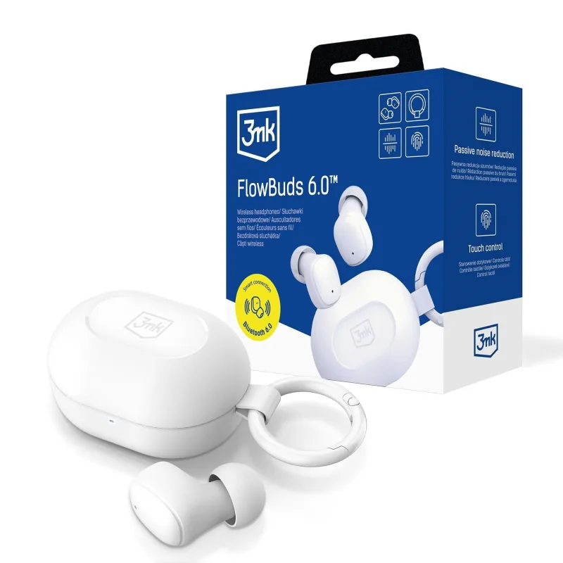 3mk bezdrátová stereo sluchátka FlowBuds 6.0 white, nabíjecí pouzdro, …